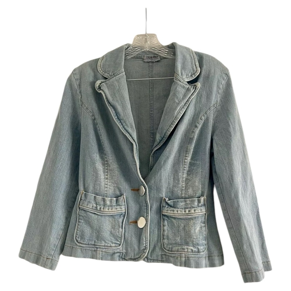 OXYGENE Women's Light Blue Pockets 2 Button Tapered Fitted Jean Jacket-Size 1/2